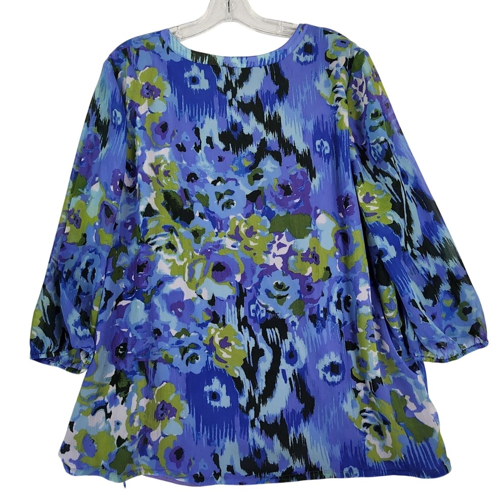 Liz Claiborne XL Blue Floral Chiffon Blouse Pleated V-Neck 3/4 Sleeve Watercolor